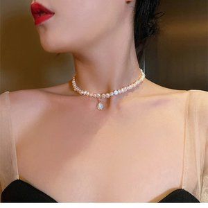 Retro Baroque Freshwater Natural Pearl Moonstone Pendant Necklace